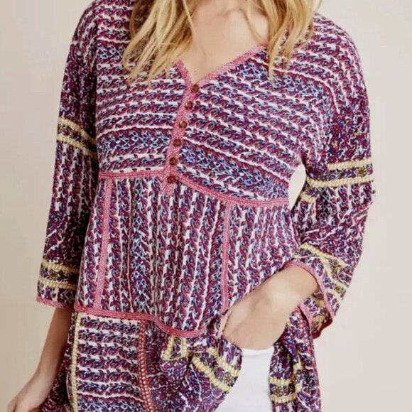 Maeve | Anthropologie Oversized Silk "Lilyana" Tiered Blouse Pink Navy | XS - Picture 1 of 15